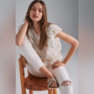 EUC Verb by Anthropologie Elegant White Lace Beaded Ruffle Bohemian Top